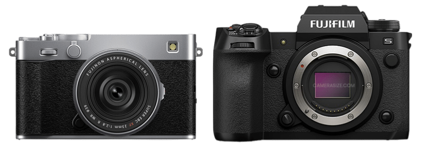 Fujifilm X-E5 et X-H2S: Comparaison des appareils photo hybrides Fujifilm, X-E5 argenté et X-H2S noir. Performance et design.