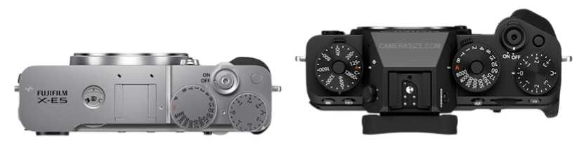 Fujifilm X-E5 et Fujifilm X-T5 vue de dessus. Comparaison des commandes et du design des appareils photo Fujifilm.