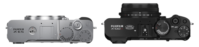 Fujifilm X-E5 et X100VI vues de dessus. Comparaison des appareils photo Fujifilm, molettes de contrôle visibles.