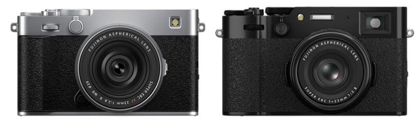 Fujifilm X-E5 et Fujifilm X100VI: Deux appareils photo compacts haut de gamme, argent et noir, avec objectifs Fujinon.