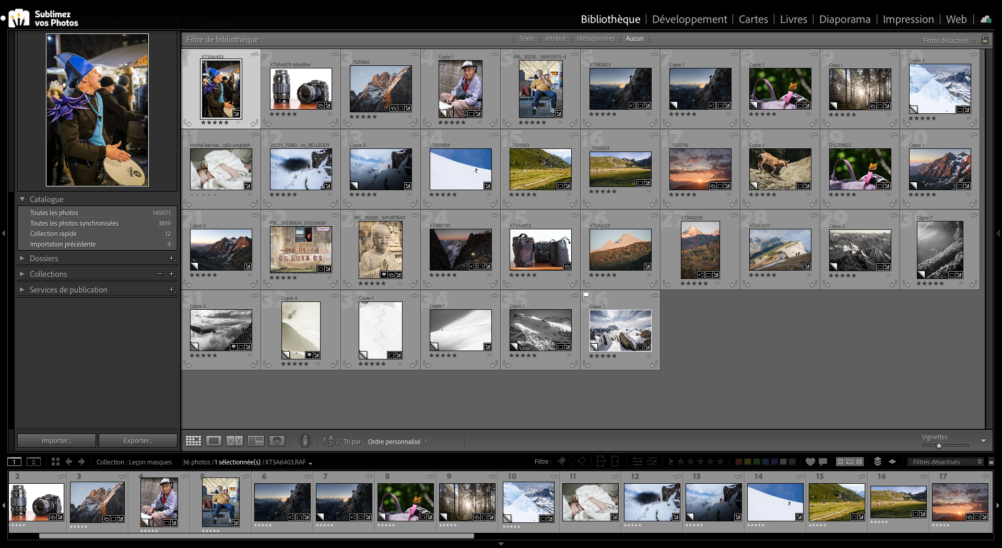 Interface de Lightroom Classic, logiciel de retouche photo, affichant une bibliothèque d'images. Idéal pour photographes en 2026.
