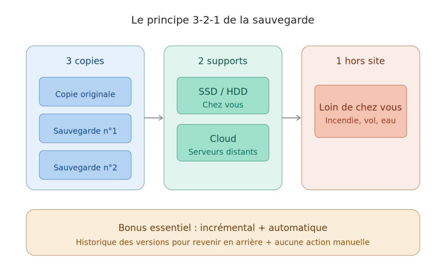 Schéma du principe 3-2-1 de sauvegarde : 3 copies, 2 supports (SSD/Cloud), 1 hors site. Comment sauvegarder ses photos ?