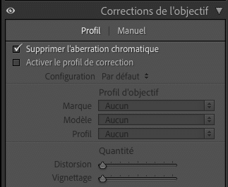 Capture d'écran du menu Supprimer l'aberration chromatique dans un logiciel de retouche photo, optimisé objectif.