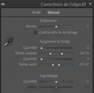 Correction aberration chromatique: réglages manuels de l'objectif, suppression de la frange violette et verte.