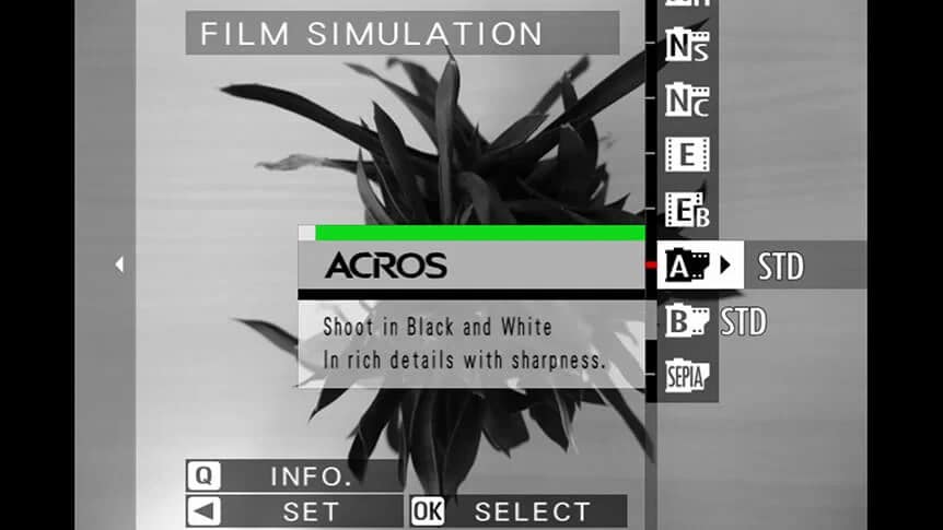 Réglage ACROS noir et blanc sur appareil photo Fujifilm. Simulation de film pour photographie en 2026.