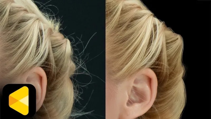 Avant/après de la fonction « supprimer les cheveux rebelles » du logiciel Evoto AI sur un portrait corporate