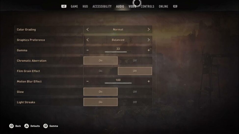 Aberration chromatique&nbsp;: menu de jeu vidéo montrant options graphiques comme gamma et effets. Paramètres personnalisables.