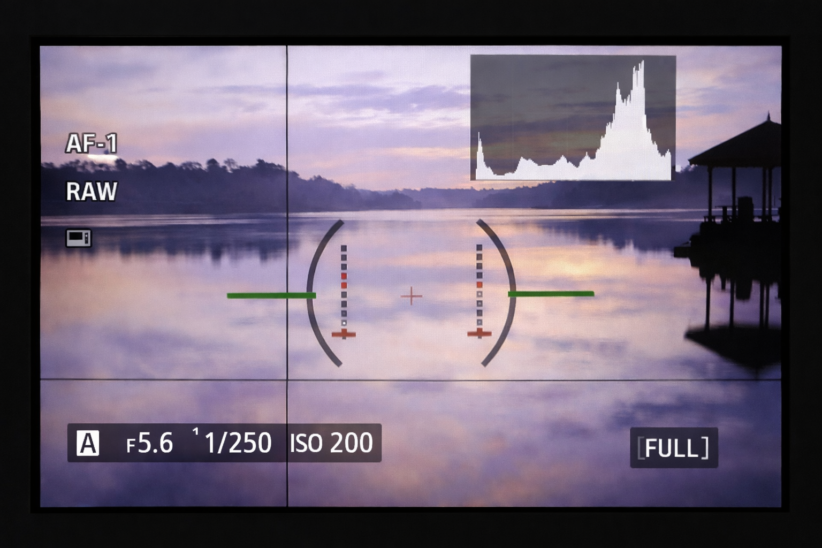 Écran d'appareil photo hybride montrant les réglages et la vue du lac au coucher du soleil. Choisir un appareil photo en 2026.
