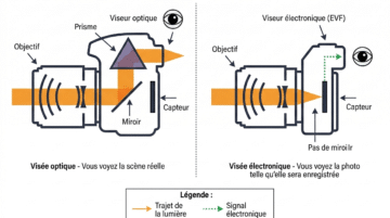 Comparaison hybride vs reflex : schéma optique viseur, objectif, capteur. Quel appareil photo choisir en 2026 ? Explication visée optique et EVF.