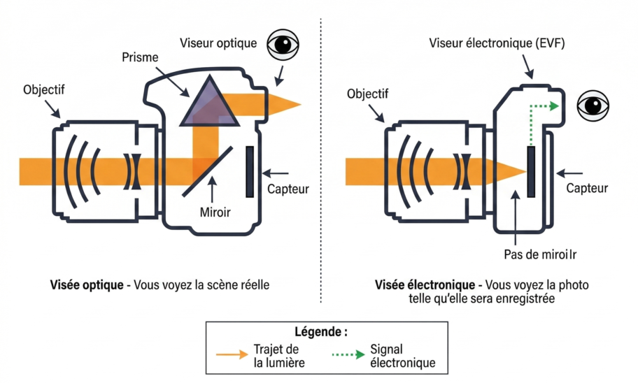 Comparaison hybride vs reflex : schéma optique viseur, objectif, capteur. Quel appareil photo choisir en 2026 ? Explication visée optique et EVF.