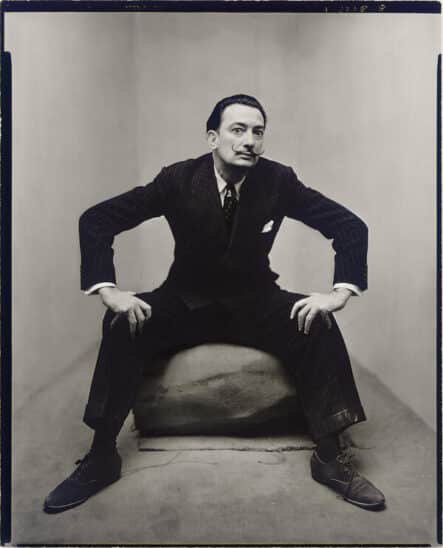 Portrait de Salvador Dalí par Irving Penn, un photographe célèbre, en costume, assis sur une pierre.