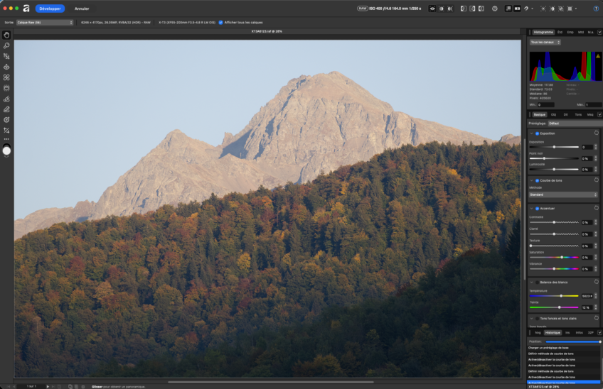 Interface Affinity, logiciel retouche photo gratuit. Montagne et forêt automnale, outils d'édition d'image.