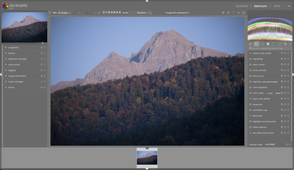 Interface Darktable, logiciel photo gratuit: montagne et outils retouche. Guide complet pour choisir le meilleur logiciel.