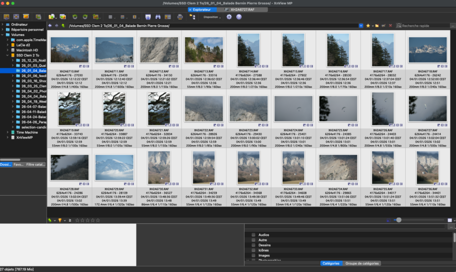 Interface de XnView MP affichant une planche-contact de photos de montagne avec leurs métadonnées pour le tri et le catalogage.