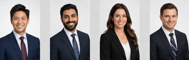 Trombinoscope corporate cohérent&nbsp;: quatre portraits avec le même cadrage, le même fond et le même traitement