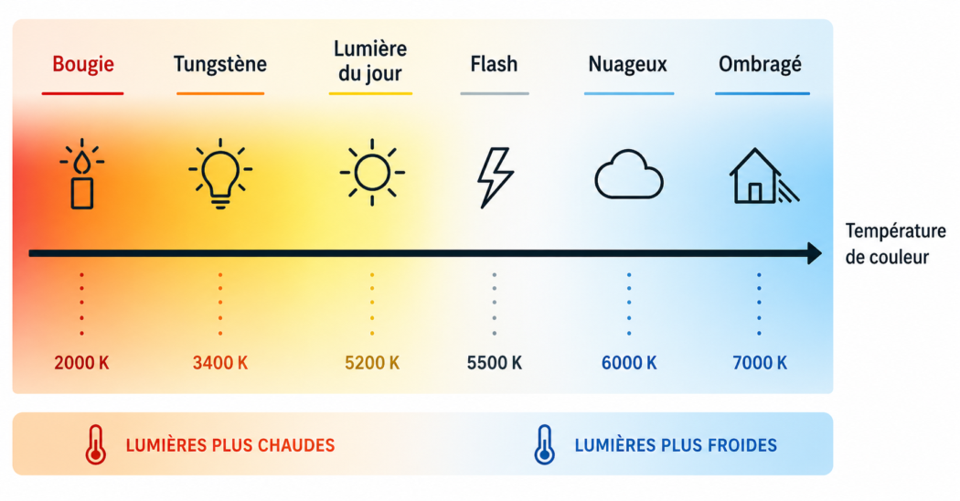 Balance des blancs&nbsp;: guide pour réglage appareil photo. Températures de couleur (bougie, tungstène, flash, nuageux, etc.).