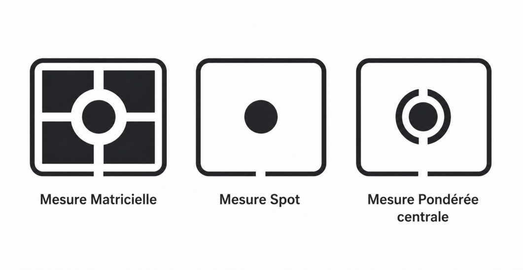Réglages appareil photo&nbsp;: modes de mesure de la lumière (matricielle, pondérée centrale et spot).