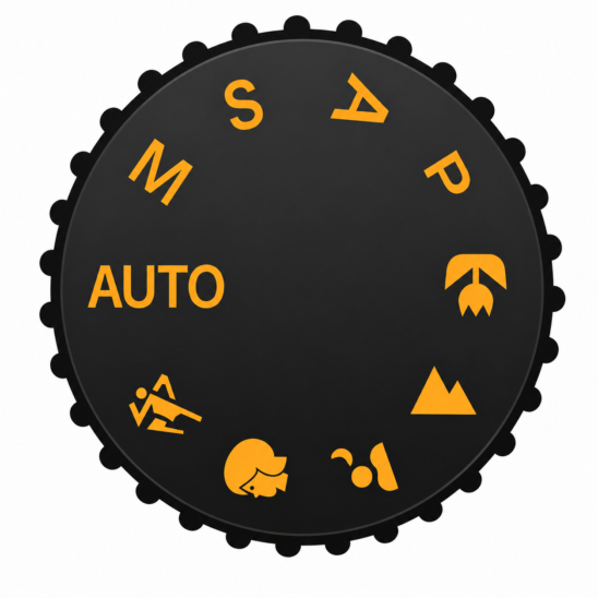 Réglages appareil photo&nbsp;: molette des modes semi-automatiques (M, S, A, P) et auto pour bien débuter en photographie.