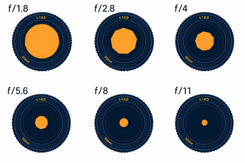 Schéma d'ouverture du diaphragme d'un objectif photo, des grandes ouvertures (f/1.4) aux petites (f/22).