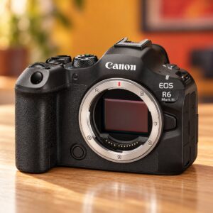 Canon EOS R6 Mark III vu de trois quarts, sans objectif