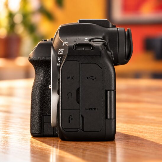 Flanc gauche du Canon EOS R6 Mark III avec ses prises micro, casque, USB-C et HDMI