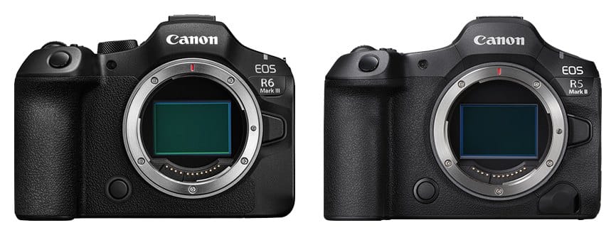 Canon EOS R6 Mark III et Canon EOS R5 Mark II vus de face (comparaison de taille)