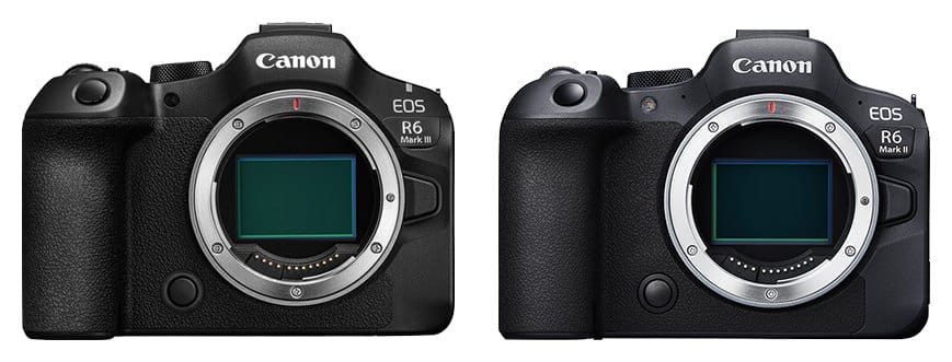 Canon EOS R6 Mark III et Canon EOS R6 Mark II vus de face (comparaison de taille)
