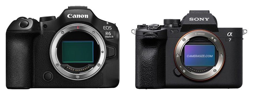 Canon EOS R6 Mark III et Sony A7 IV vus de face (comparaison de taille)
