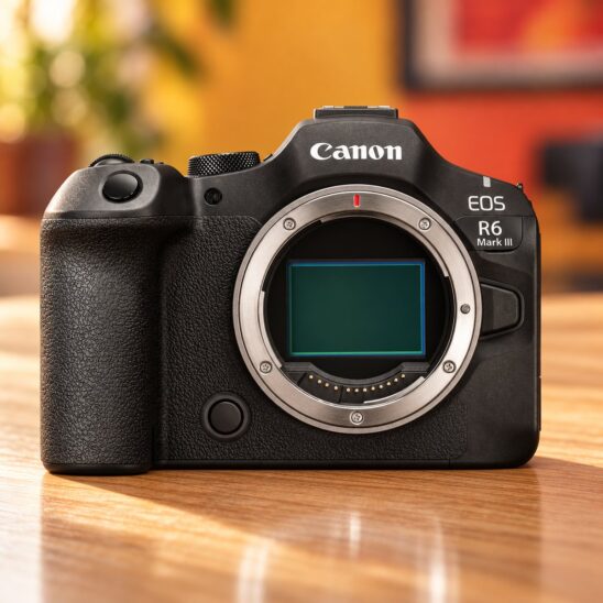 Canon EOS R6 Mark III vu de face, monture RF ouverte sur le capteur