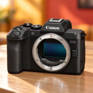 Canon EOS R8 Mark II vu de trois quarts, sans objectif