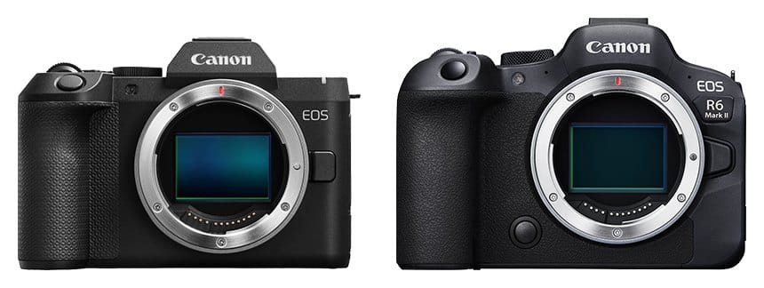 Canon EOS R8 Mark II et Canon EOS R6 Mark II vus de face (comparaison de taille)