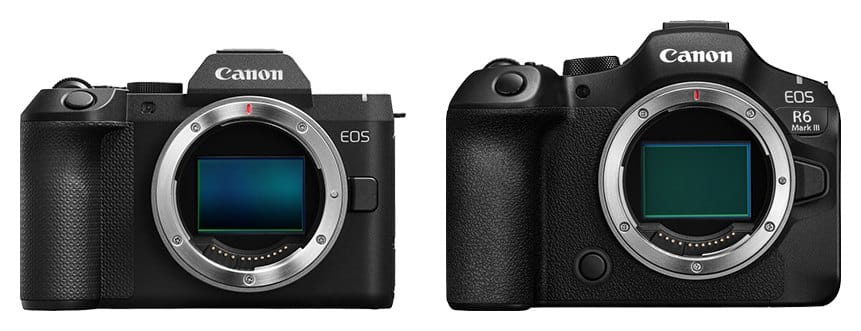 Canon EOS R8 Mark II et Canon EOS R6 Mark III vus de face (comparaison de taille)