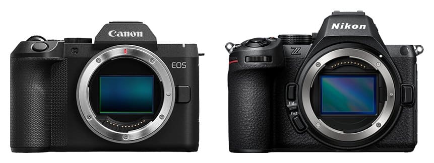 Canon EOS R8 Mark II et Nikon Z5 II vus de face (comparaison de taille)