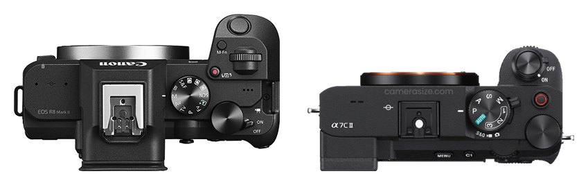 Canon EOS R8 Mark II et Sony A7C II côte à côte (comparaison de taille)
