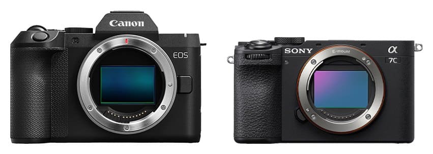 Canon EOS R8 Mark II et Sony A7C II vus de face (comparaison de taille)