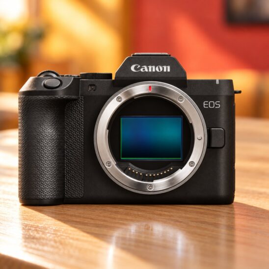 Canon EOS R8 Mark II vu de face, monture RF et capteur plein format visibles