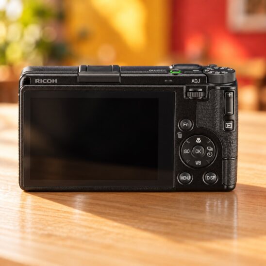 Dos du Ricoh GR IV avec son écran tactile de 3 pouces, sa molette arrière et sa croix directionnelle