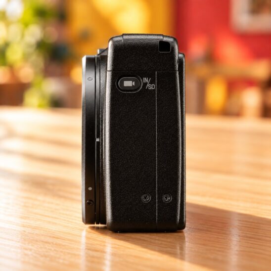 Flanc du Ricoh GR IV avec la trappe de la carte microSD