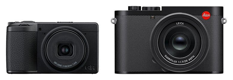 Ricoh GR IV et Leica Q3 vus de face (comparaison de taille)
