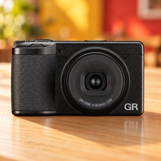 Ricoh GR IV vu de face, objectif 18,3 mm rentré