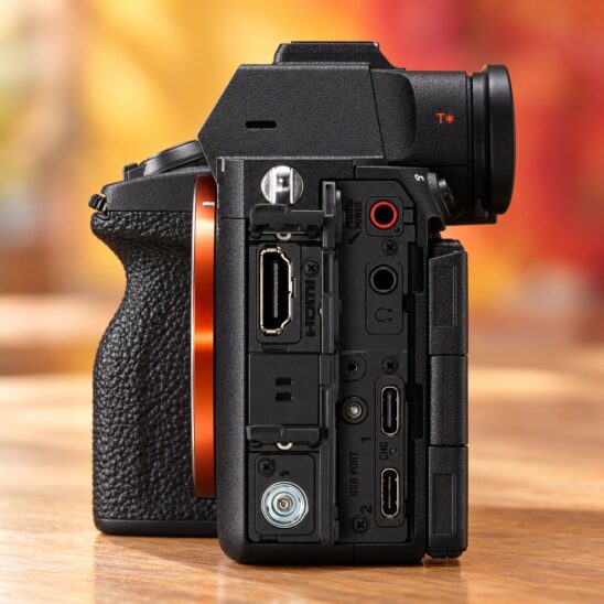 Flanc du Sony A7R VI avec ses prises micro et casque, son HDMI pleine taille, sa prise synchro flash et ses deux ports USB-C