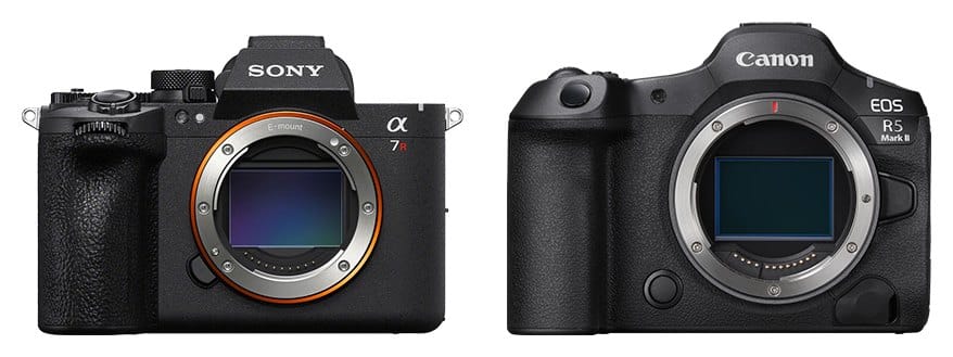 Sony A7R VI et Canon EOS R5 Mark II vus de face (comparaison de taille)