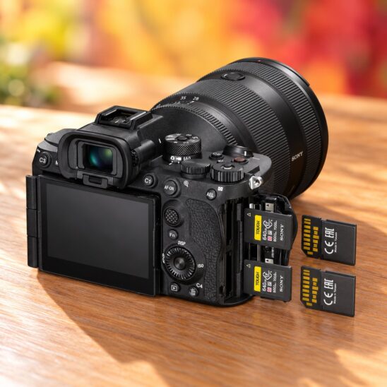 Sony A7R VI vu de trois quarts arrière avec un zoom, cartes mémoire sorties de leurs deux emplacements